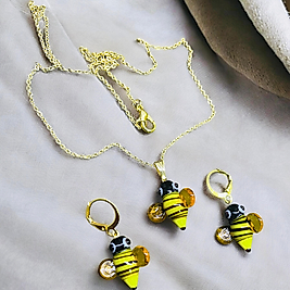 El Yapımı Cam Arı Kolye Küpe Set Altın Kaplama