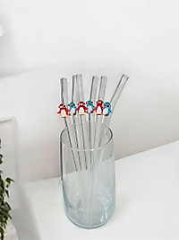 Cam Pipet Şeffaf Penguen Figürlü 6lı Pipet Seti Karışık Renkli