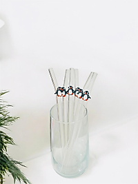 Cam Pipet Şeffaf Penguen Figürlü 6lı Pipet Seti Siyah