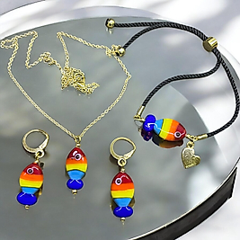 El Yapımı Murano Renkli Balık Kolye Küpe Set Altın Kaplama